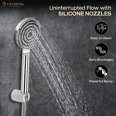 Halos ABS Hand Shower with water flowing from silicone nozzles with details on how to maintain it on a black background.