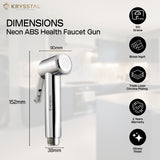 A dimensions of silver-colored health faucet gun with its features on a right side made with metallic finish.