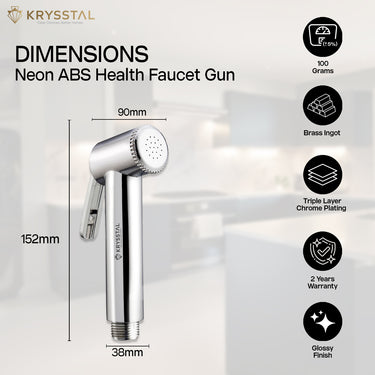 A dimensions of silver-colored health faucet gun with its features on a right side made with metallic finish.