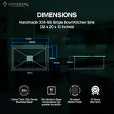 The dimensions of the stainless steel sink in mm with faucet, drain, and hose with its warranty & parts on the bottom on a green background.