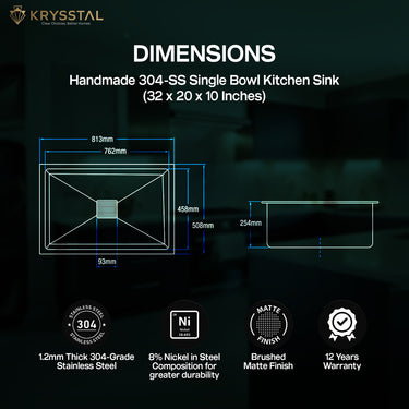 The dimensions of the stainless steel sink in mm with faucet, drain, and hose with its warranty & parts on the bottom on a green background.