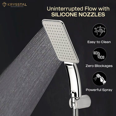 Breeze ABS Hand Shower with water flowing from silicone nozzles with details on how to maintain it on a black background.
