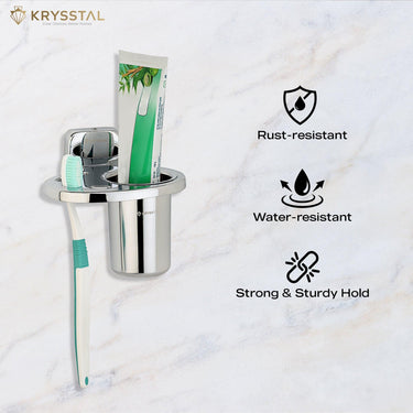 Steel toothbrush holder with paste and brushes on marble base, highlighting 3 SS durability features on the right.