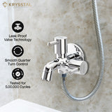 A polished chrome dual-function tap for wall installation, featuring a spout and a threaded port, each with its Leak-Proof Valve Technology, Smooth Quarter Turn Control, and durability tested for 500,000 cycles.