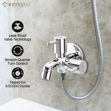 A polished chrome dual-function tap for wall installation, featuring a spout and a threaded port, each with its Leak-Proof Valve Technology, Smooth Quarter Turn Control, and durability tested for 500,000 cycles.