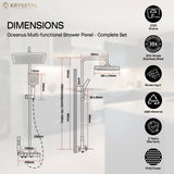 Technical drawing of a multi-functional shower panel with dimensions and material details.