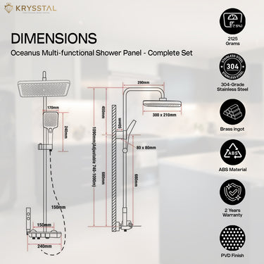 Technical drawing of a multi-functional shower panel with dimensions and material details.