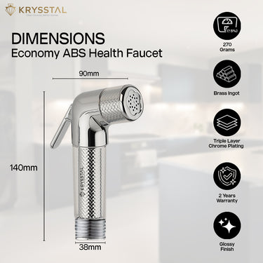 Economy ABS Health Faucet with dimensions and features in right side on a white background