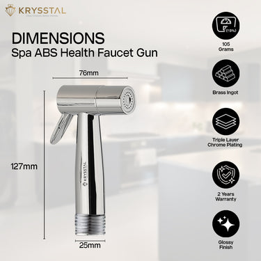 Krysstal Spa ABS Health Faucet Gun with dimensions and features on a white transparent background