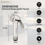Detailed dimensions of a Diamond Brass health faucet with manufacturing specifications shown on the right side.