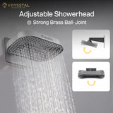 Adjustable storm Overhead Rain Shower (13" x 8") with water flow and installation instructions on a grey background