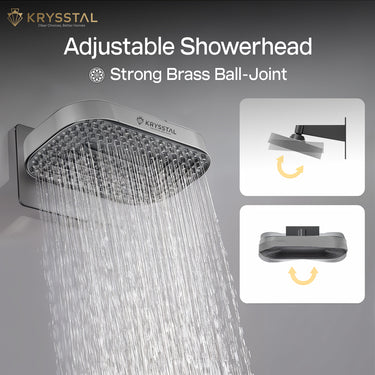 Adjustable storm Overhead Rain Shower (13" x 8") with water flow and installation instructions on a grey background