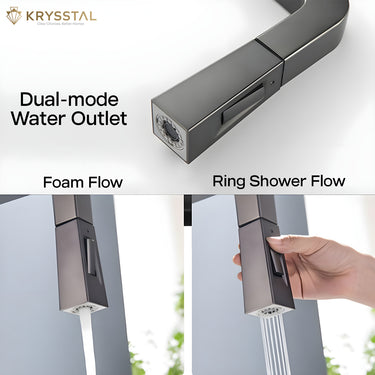 Krysstal dual-mode water outlet with foam flow and ring shower flow features.