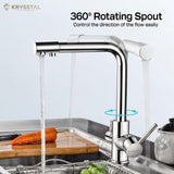 Stainless steel kitchen faucet set with an extra filtered water tap with flowing water, with 360 Rotating spout features on a plain white backdrop.