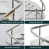 A triangular silver SS corner shelf tray attached in a four-featured image shows it like it's finished with a 5-layer process, thickened material, automatic drainage & no sharp edge on a green strip.