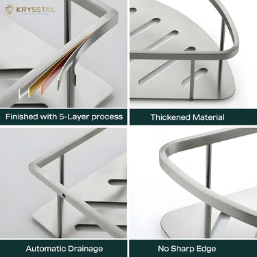 A triangular silver SS corner shelf tray attached in a four-featured image shows it like it's finished with a 5-layer process, thickened material, automatic drainage & no sharp edge on a green strip.