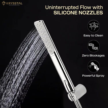 Glide ABS Hand Shower with 304-SS Flexible Shower Tube with water flowing from silicone nozzles with details on how to maintain it on a black background.