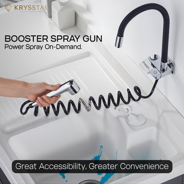 A flexible dual flow kitchen sink tap with hand-held booster spray gun shower with highlighted the Great Accessibility & Greater Convenience on a white wall