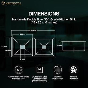 The dimensions of the stainless steel sink with faucet, drain, and hose with its warranty & parts on the bottom on a green transparent background.