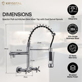 A Chrome finish spector pull-out kitchen sink mixer tap with dimensions and features on the right side on a light background