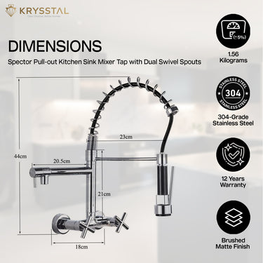 A Chrome finish spector pull-out kitchen sink mixer tap with dimensions and features on the right side on a light background