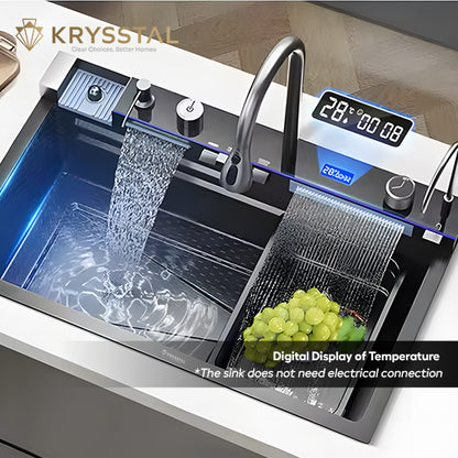 AquaStation Piano Smart 304 SS Kitchen Sink  with Digital Display, Dual Waterfalls & RO Tap (30 x 18 x 9 inches)