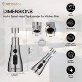 The dimensions of the silver-colored faucet aerator with its features & warranty on the right side on a white backdrop.