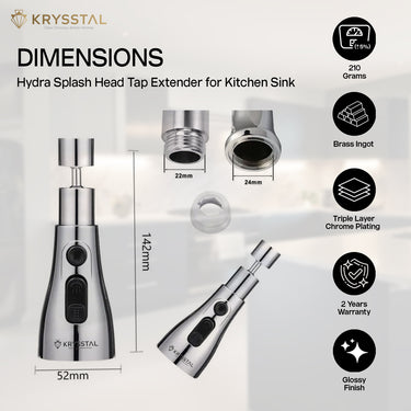 The dimensions of the silver-colored faucet aerator with its features & warranty on the right side on a white backdrop.