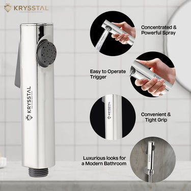 Chrome Health Faucet shower with features highlighted on a tiled bathroom wall background