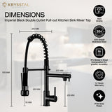 Krysstal Imperial Black Double Outlet Pull-out Kitchen Sink Mixer Tap with dimensions and material details on a blurred kitchen background.