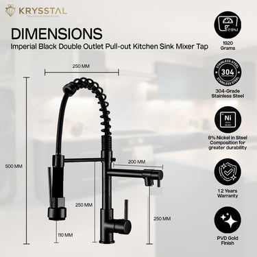 Krysstal Imperial Black Double Outlet Pull-out Kitchen Sink Mixer Tap with dimensions and material details on a blurred kitchen background.