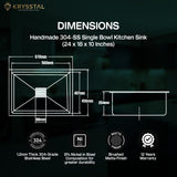 The dimensions of the stainless steel sink with faucet and drain are complemented by the hose with its warranty & features, which is at the bottom on the green backdrop.