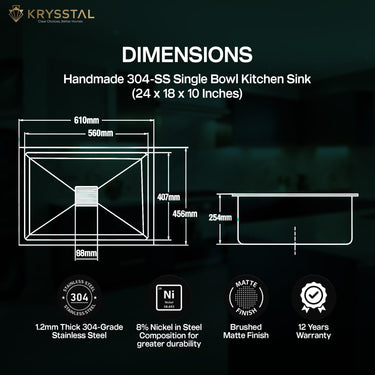 The dimensions of the stainless steel sink with faucet and drain are complemented by the hose with its warranty & features, which is at the bottom on the green backdrop.