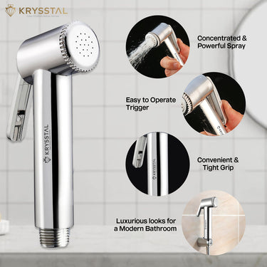 Health faucet gun shown with four feature views on white tile background.