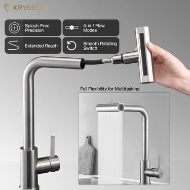 Krysstal kitchen faucet with multitasking work on a gray background