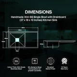 The dimensions of the polished stainless steel sink with drainboard and complete drain kit with its warranty & features on the bottom on a green background.