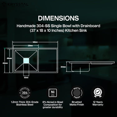 The dimensions of the polished stainless steel sink with drainboard and complete drain kit with its warranty & features on the bottom on a green background.