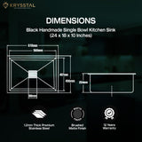 The dimensions of the black stainless steel sink set with drain and hose installed with its warranty & features on a green background.