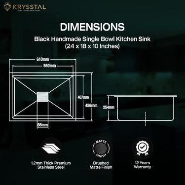 The dimensions of the black stainless steel sink set with drain and hose installed with its warranty & features on a green background.