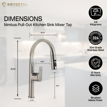 Krysstal Nimbus Pull-Out Kitchen Sink Mixer Tap with dimensions and material details on a white background
