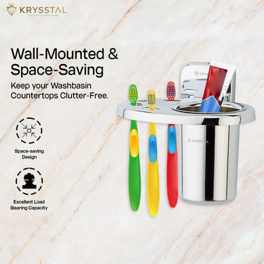 Stainless steel wall mounted toothbrush holder with colorful toothbrushes & paste arranged neatly on a marble countertop with its 2 features on left.