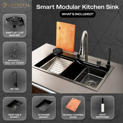 Smart Modular 304 SS Kitchen Sink (24" x 18 x 9") with Integrated Waterfall, RO Tap & Nano-Coating Technology