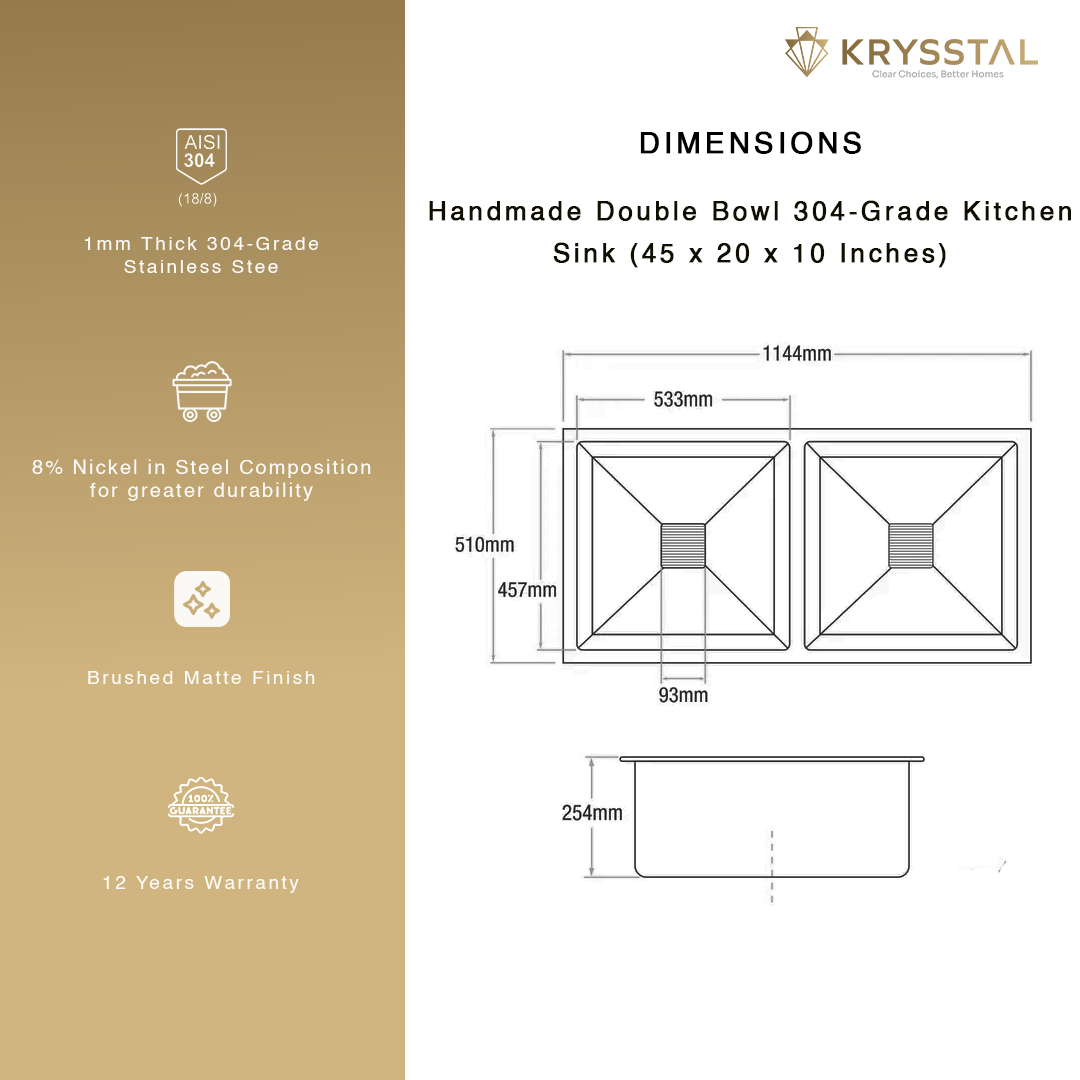 Handmade 304-SS Double Bowl (45 x 20 x 10 Inches) Kitchen Sink