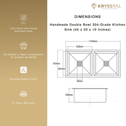 Handmade 304-SS Double Bowl (45 x 20 x 10 Inches) Kitchen Sink