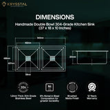 The dimensions of the stainless steel double sink with faucet, drain, and hose with its warranty & parts on the bottom on a green transparent background.