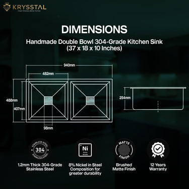 The dimensions of the stainless steel double sink with faucet, drain, and hose with its warranty & parts on the bottom on a green transparent background.