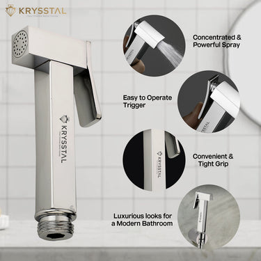 Handheld shower highlighting features like concentrated & powerful spray, easy to operate trigger & tight grip.