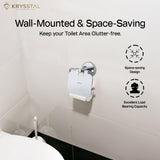 A silver toilet paper holder with a round design with paper holding on it mounted on a white wall with space-saving facilities beside its two awesome features.