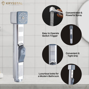 ABS Health Faucet Gun Showerhead with features highlighted on a bathroom background