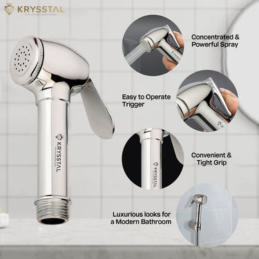 Diamond Brass Handheld shower with Krysstal branding, highlighting features on a bathroom background.